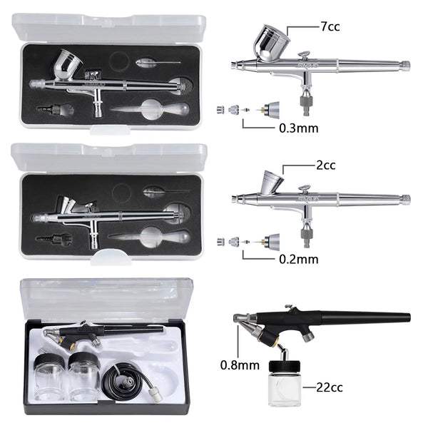 Air Compressor Airbrush Kit with 3 Professional Airbrush Sets (0.2/0.3mm Gravity & 0.8mm Siphon Feed) - Ideal for Painting