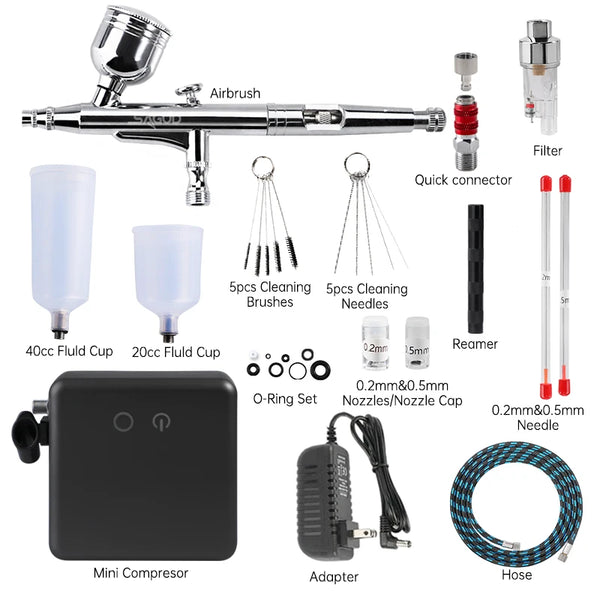 Airbrush Compressor Kit Dual-Action 0.3mm Air Brush Gun with Spray Gun Hose Filter for Model Airbrush, Nail, Tattoo Painting