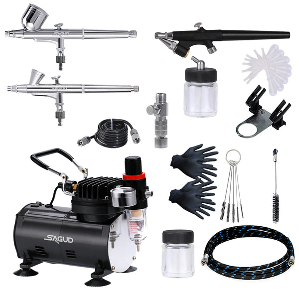 Air Compressor Airbrush Kit with 3 Professional Airbrush Sets (0.2/0.3mm Gravity & 0.8mm Siphon Feed) - Ideal for Painting