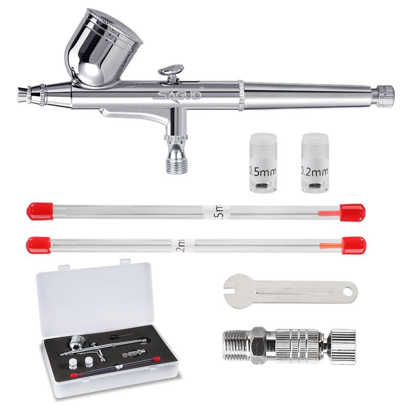 SAGUD Professional Airbrush Set - 0.2mm, 0.3mm, 0.5mm Needles and Nozzles with Quick Release and Air Hose