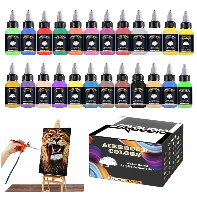 SAGUD Airbrush Paint Set - 12/24 Colors (30ML Each) Opaque & Water-Based Fluorescent Acrylic Paint